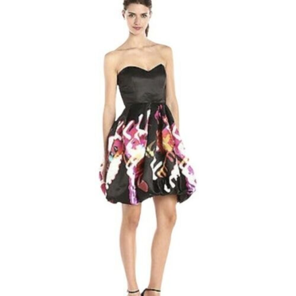 PARKER Remi Black Satin‎ Print Strapless Fit & Flare Party Dress 2 Hoco